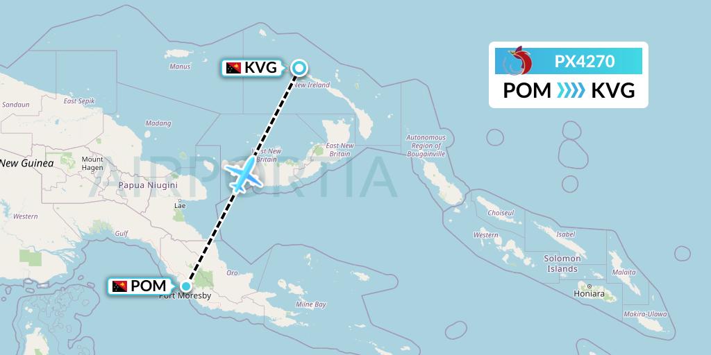 PX4270 Air Niugini Flight Map: Port Moresby to Kavieng