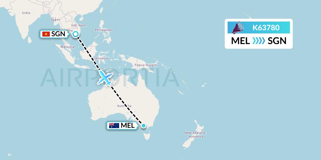 K63780 Cambodia Angkor Air Flight Map: Melbourne to Ho Chi Minh City