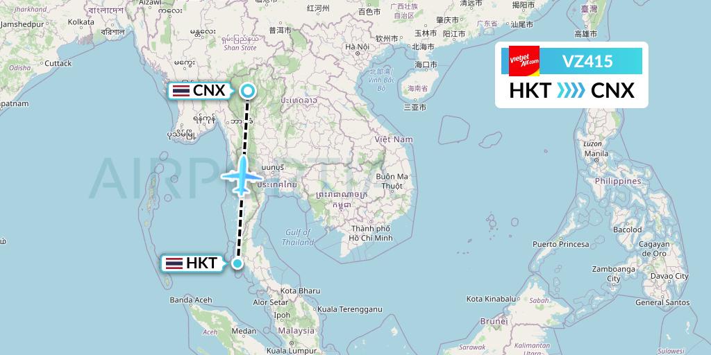 VZ415 Thai Vietjet Air Flight Map: Phuket to Chiang Mai