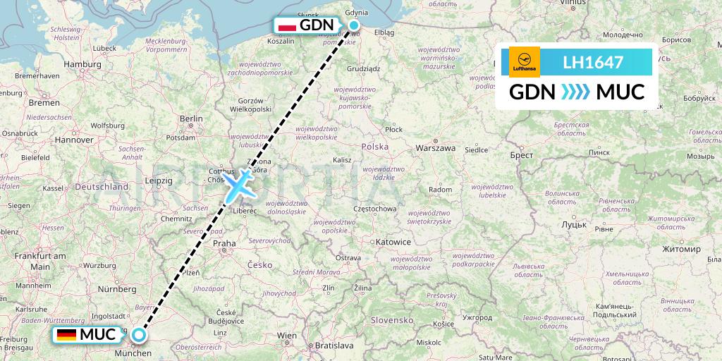 LH1647 Lufthansa Flight Map: Gdansk to Munich