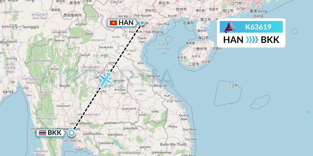 K63619 Cambodia Angkor Air Flight Map: Hanoi to Bangkok