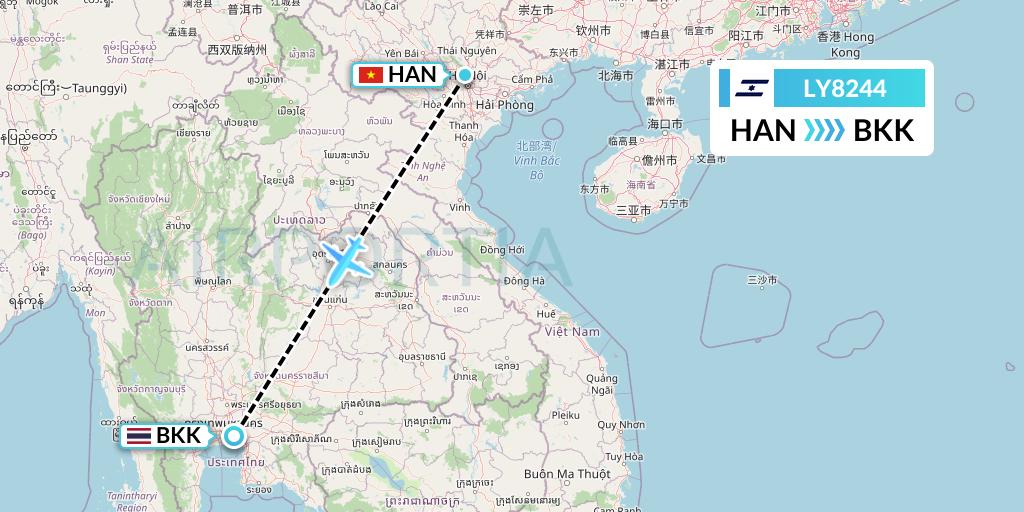 LY8244 El Al Flight Map: Hanoi to Bangkok