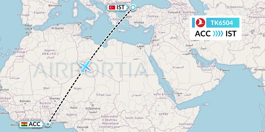 TK6504 Turkish Airlines Flight Map: Accra to Istanbul