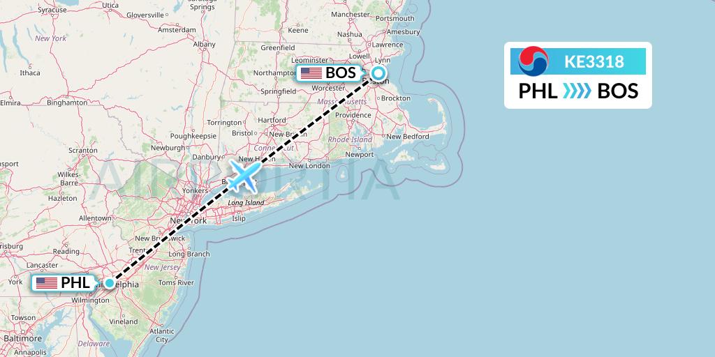 KE3318 Korean Air Flight Map: Philadelphia to Boston