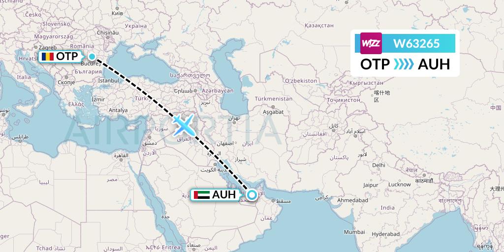 W63265 Wizz Air Flight Map: Bucharest to Abu Dhabi