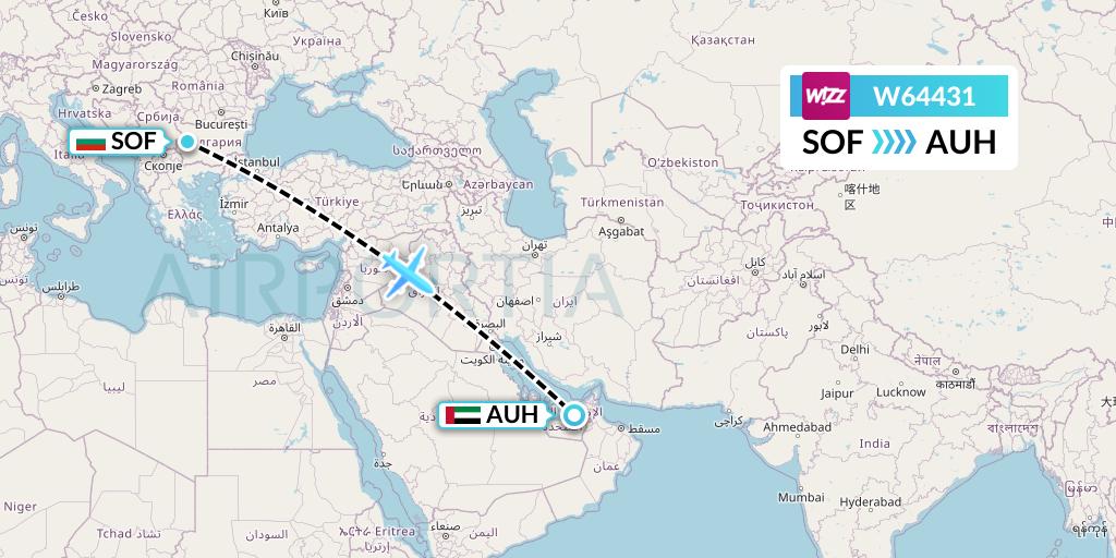 W64431 Wizz Air Flight Map: Sofia to Abu Dhabi