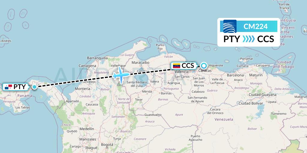 CM224 Copa Airlines Flight Map: Panama City to Caracas