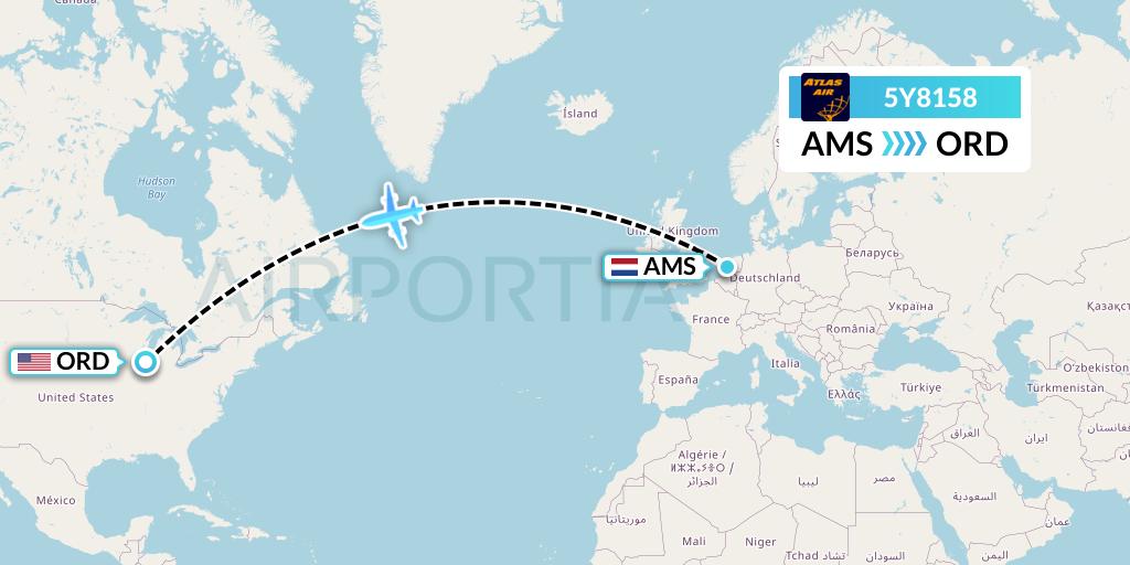 5Y8158 Atlas Air Flight Map: Amsterdam to Chicago