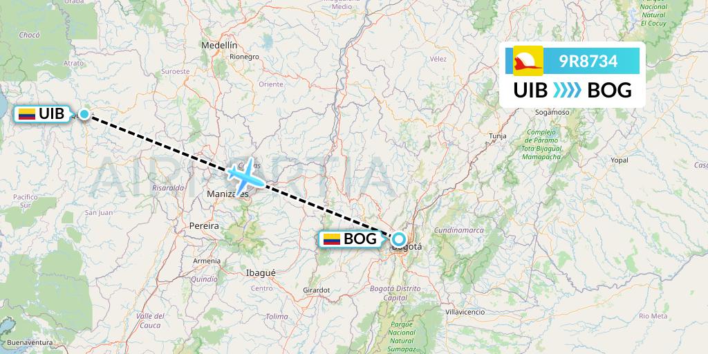 9R8734 Satena Flight Map: Quibdo to Bogota