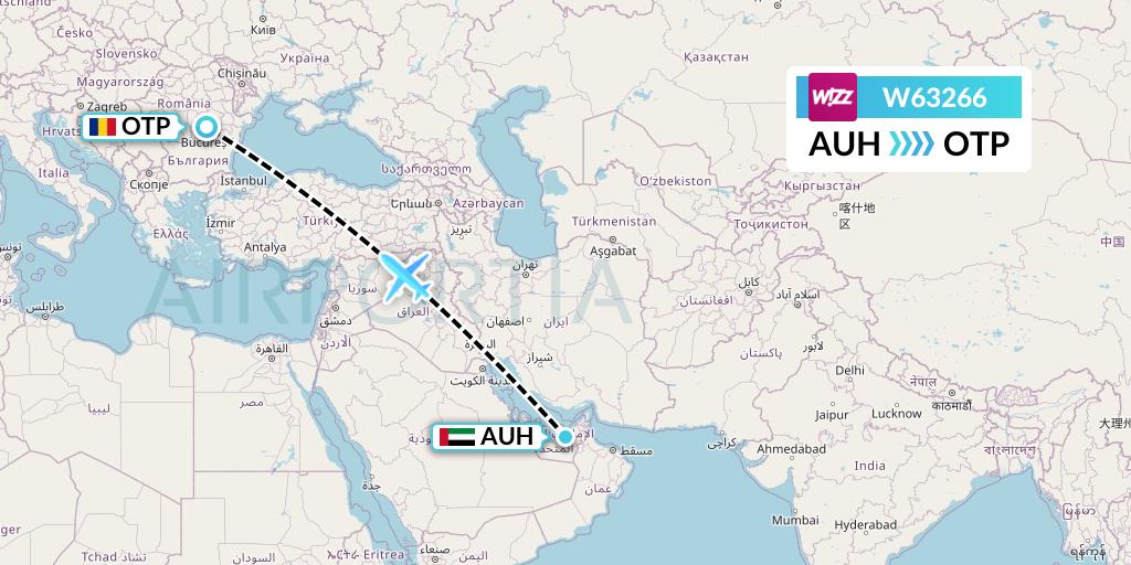 W63266 Wizz Air Flight Map: Abu Dhabi to Bucharest