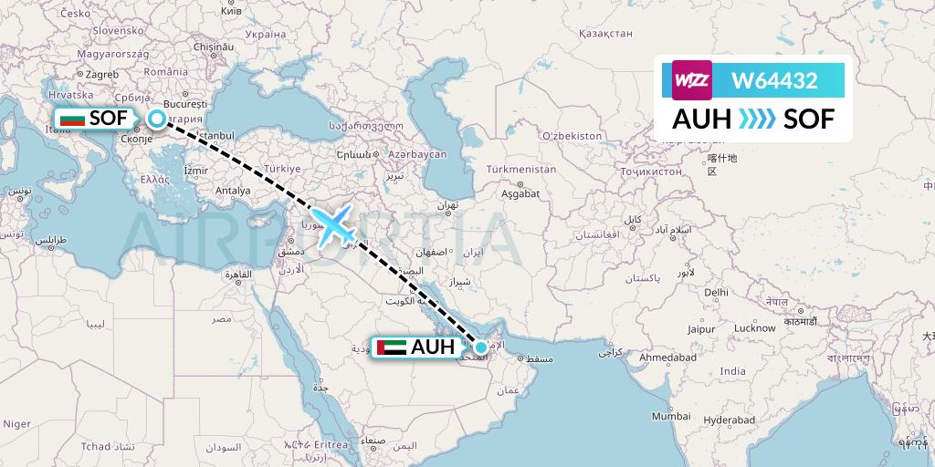 W64432 Wizz Air Flight Map: Abu Dhabi to Sofia