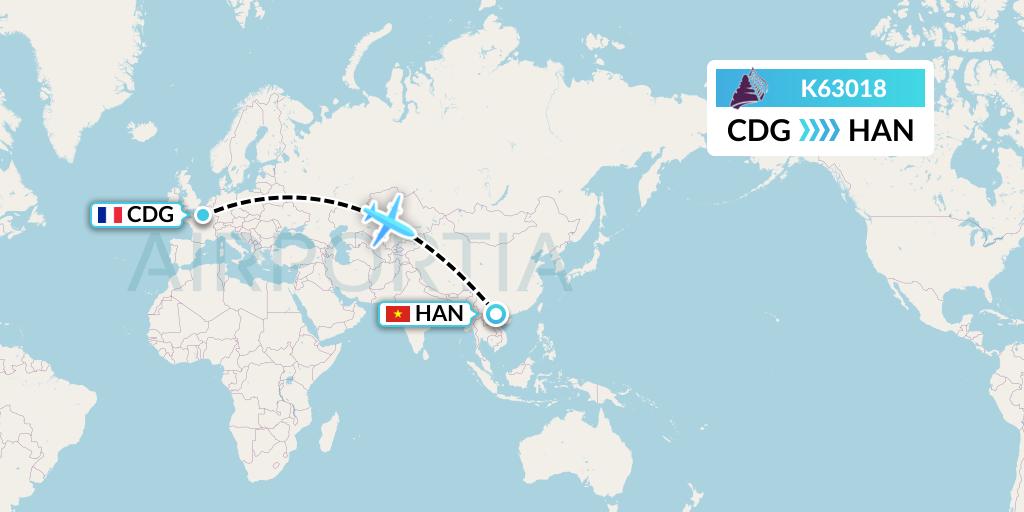 K63018 Cambodia Angkor Air Flight Map: Paris to Hanoi