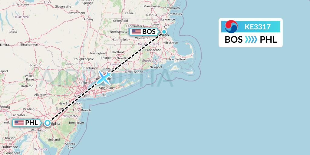 KE3317 Korean Air Flight Map: Boston to Philadelphia