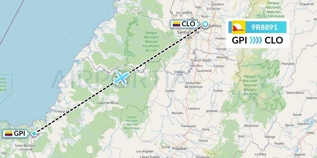 9R8891 Satena Flight Map: Guapi to Cali