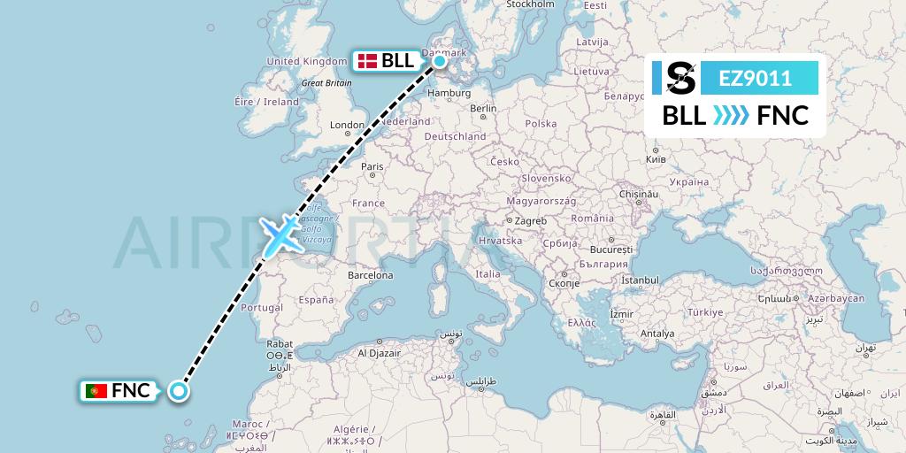 EZ9011 Sun-Air Flight Map: Billund to Funchal