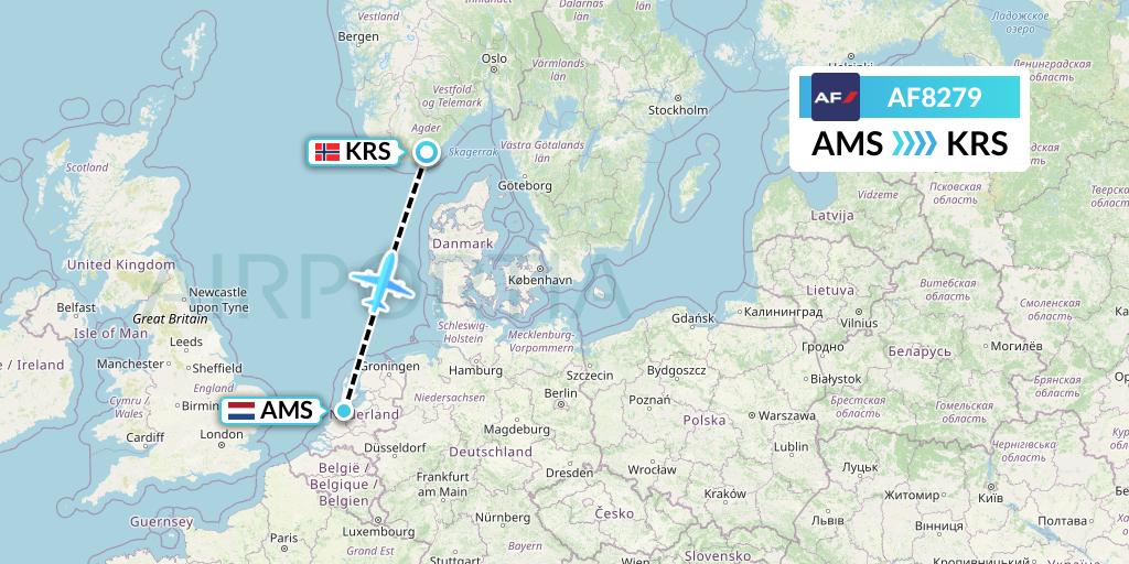 AF8279 Air France Flight Map: Amsterdam to Kristiansand