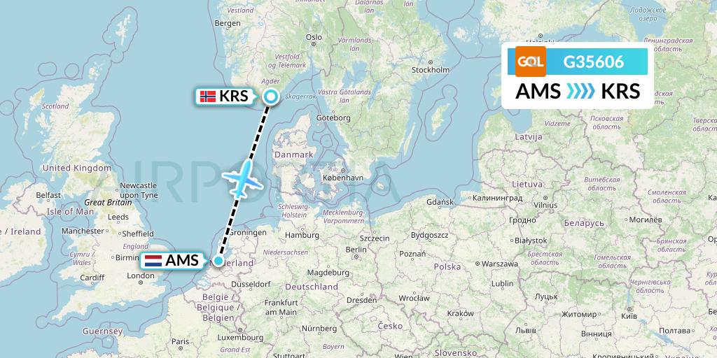 G35606 GOL Transportes Aeros Flight Map: Amsterdam to Kristiansand