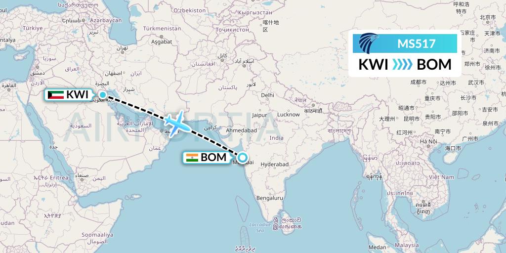 MS517 EgyptAir Flight Map: Kuwait City to Mumbai