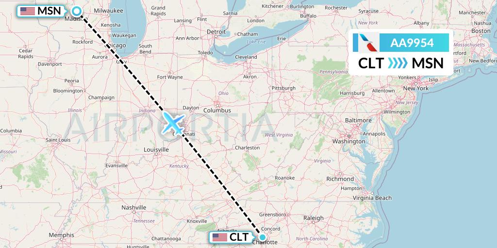 AA9954 American Airlines Flight Map: Charlotte to Madison