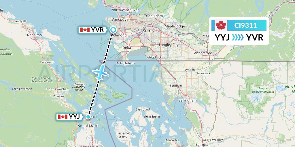 CI9311 China Airlines Flight Map: Victoria to Vancouver