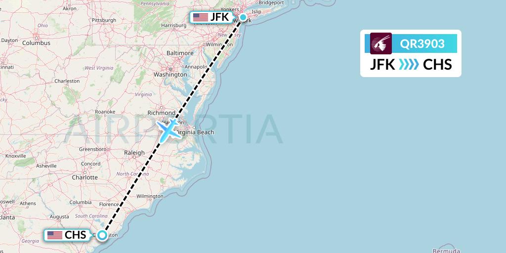 QR3903 Qatar Airways Flight Map: New York to Charleston