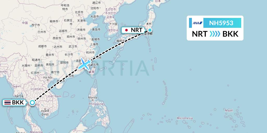 NH5953 All Nippon Airways Flight Map: Tokyo to Bangkok