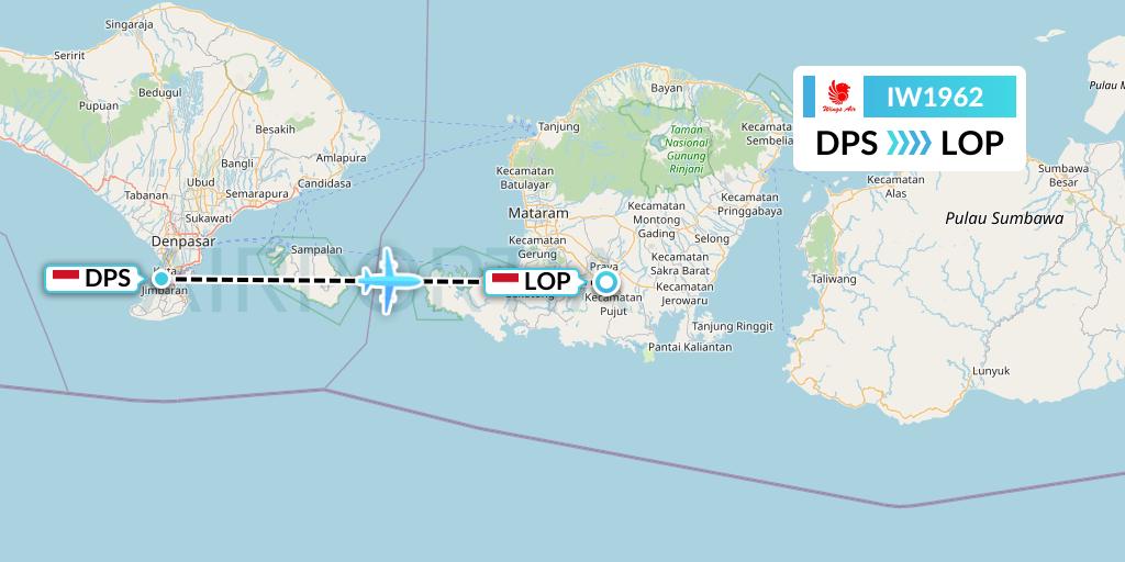 IW1962 Wings Air Flight Map: Denpasar to Lombok