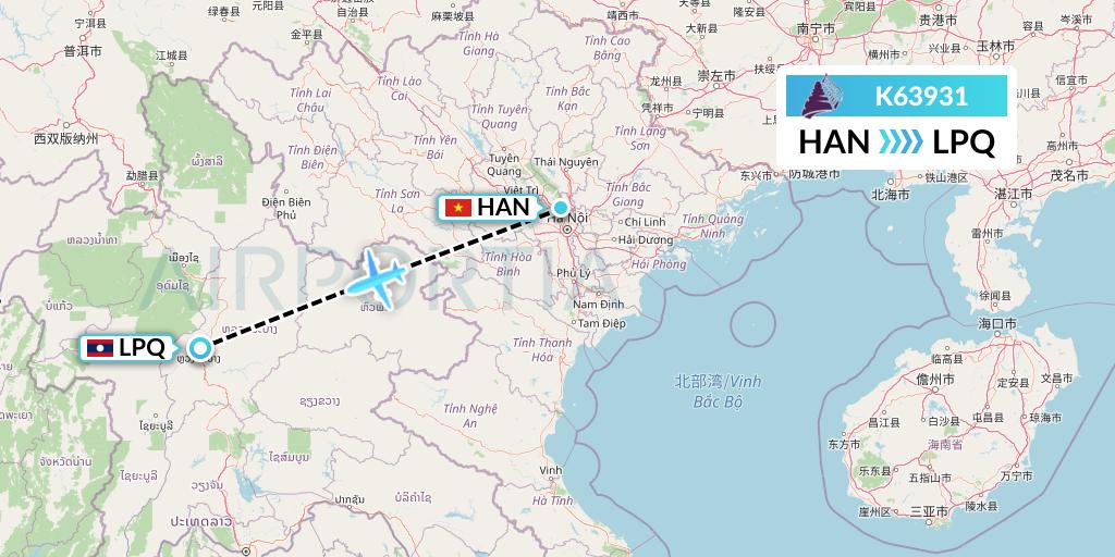 K63931 Cambodia Angkor Air Flight Map: Hanoi to Luang Prabang