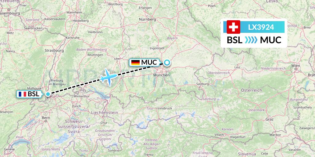LX3924 Swiss Flight Map: Basel to Munich