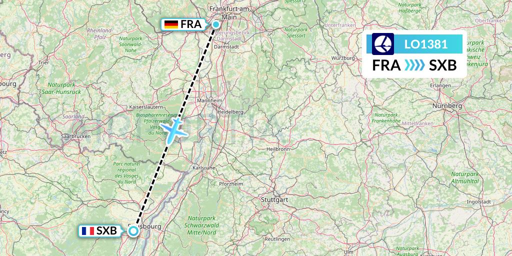 LO1381 LOT Flight Map: Frankfurt to Strasbourg