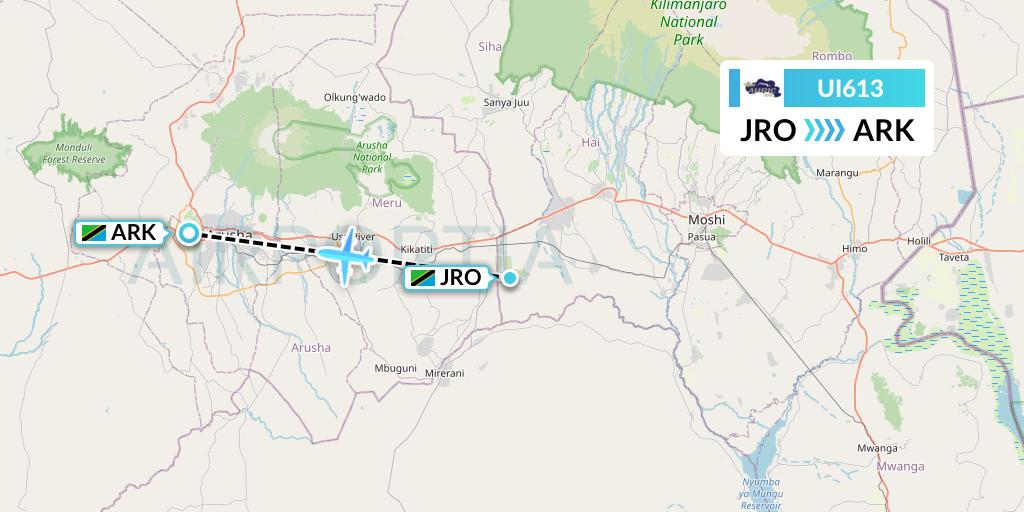 UI613 Auric Air Flight Map: Kilimanjaro to Arusha