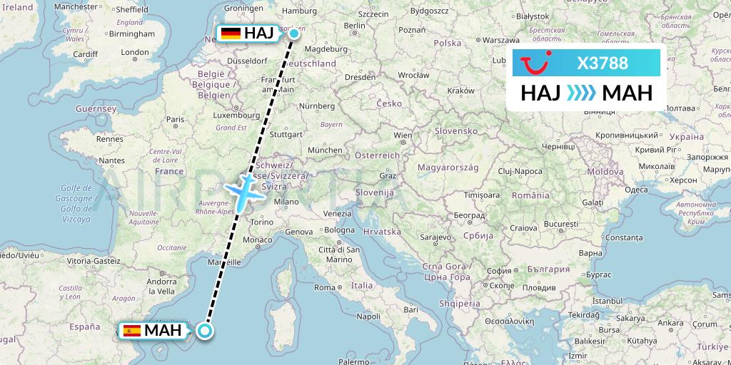 X3788 TUI fly Germany Flight Map: Hannover to Mahon