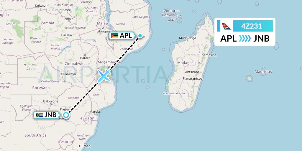 4Z231 Airlink Flight Map: Nampula to Johannesburg