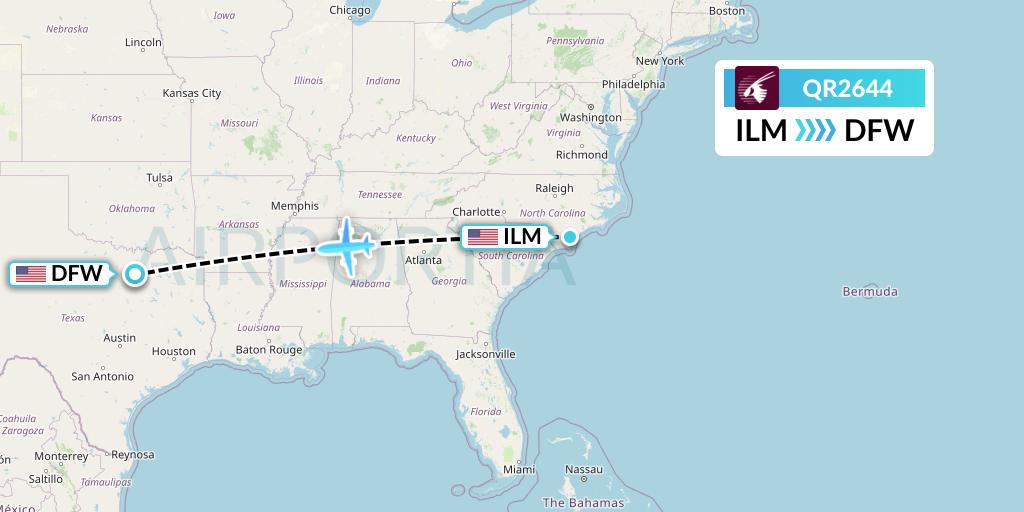 QR2644 Qatar Airways Flight Map: Wilmington to Dallas