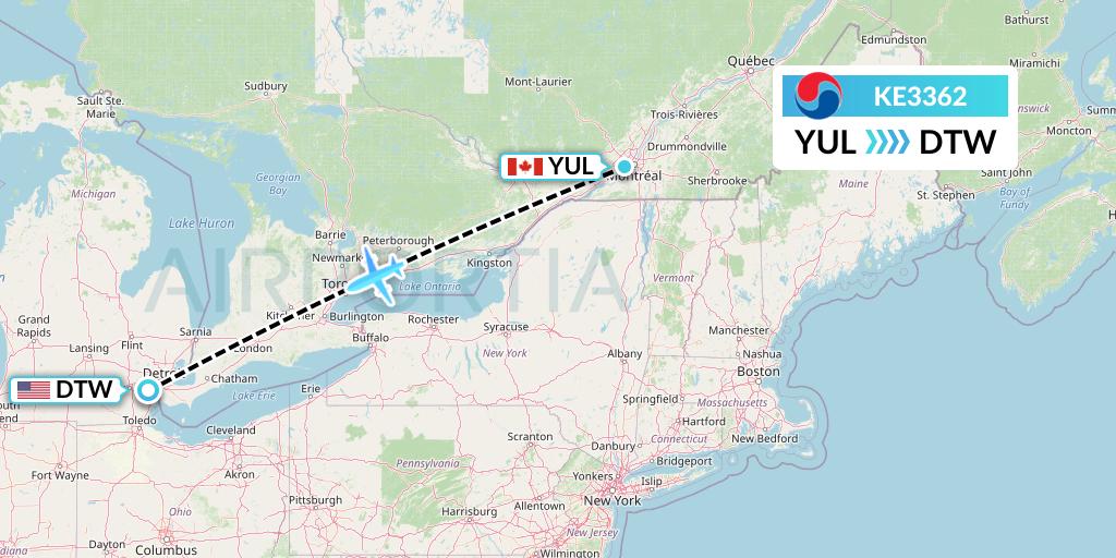 KE3362 Korean Air Flight Map: Montreal to Detroit
