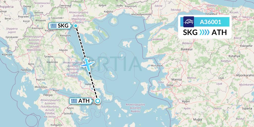 A36001 Aegean Airlines Flight Map: Thessaloniki to Athens