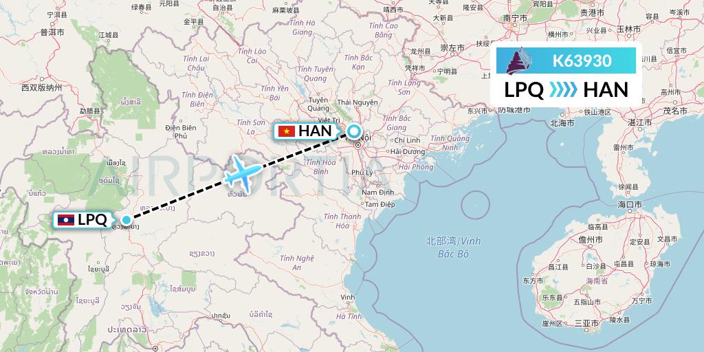 K63930 Cambodia Angkor Air Flight Map: Luang Prabang to Hanoi