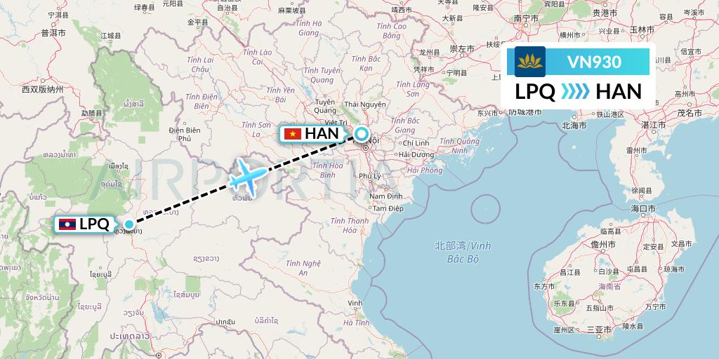 VN930 Vietnam Airlines Flight Map: Luang Prabang to Hanoi