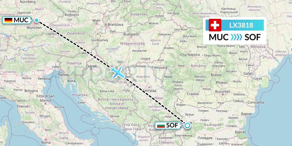 LX3818 Swiss Flight Map: Munich to Sofia
