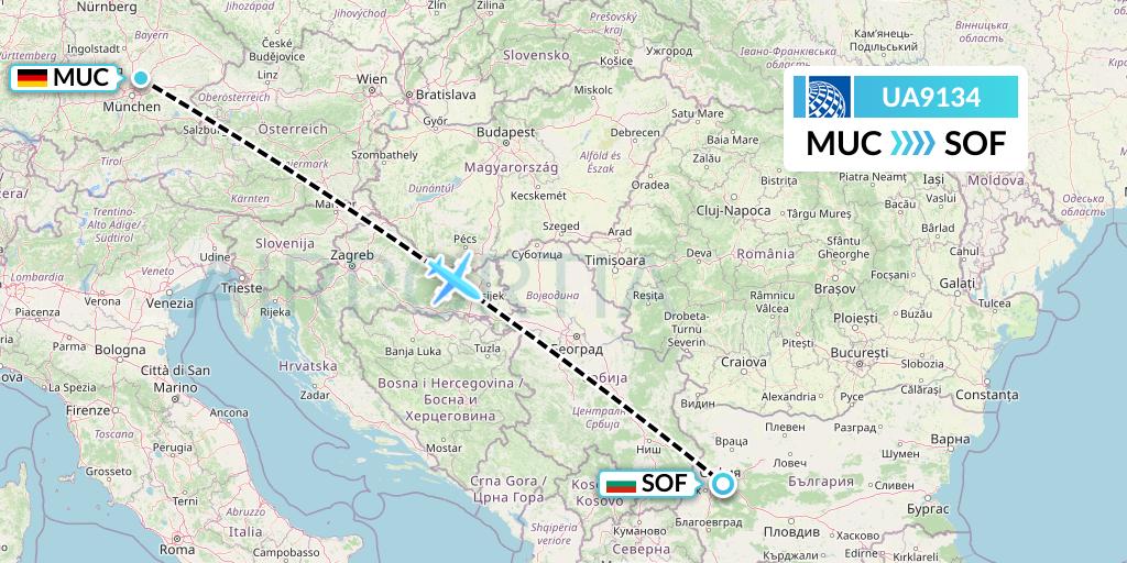 UA9134 United Airlines Flight Map: Munich to Sofia