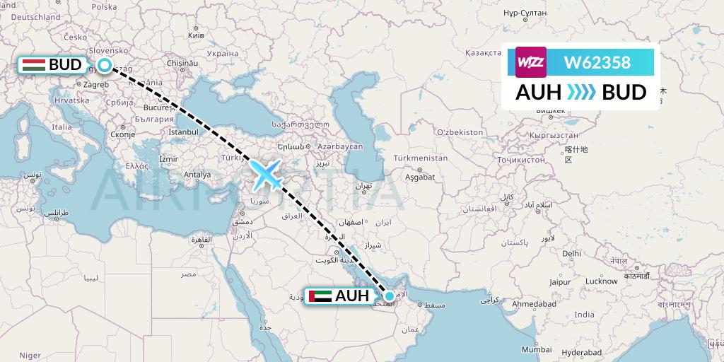 W62358 Wizz Air Flight Map: Abu Dhabi to Budapest