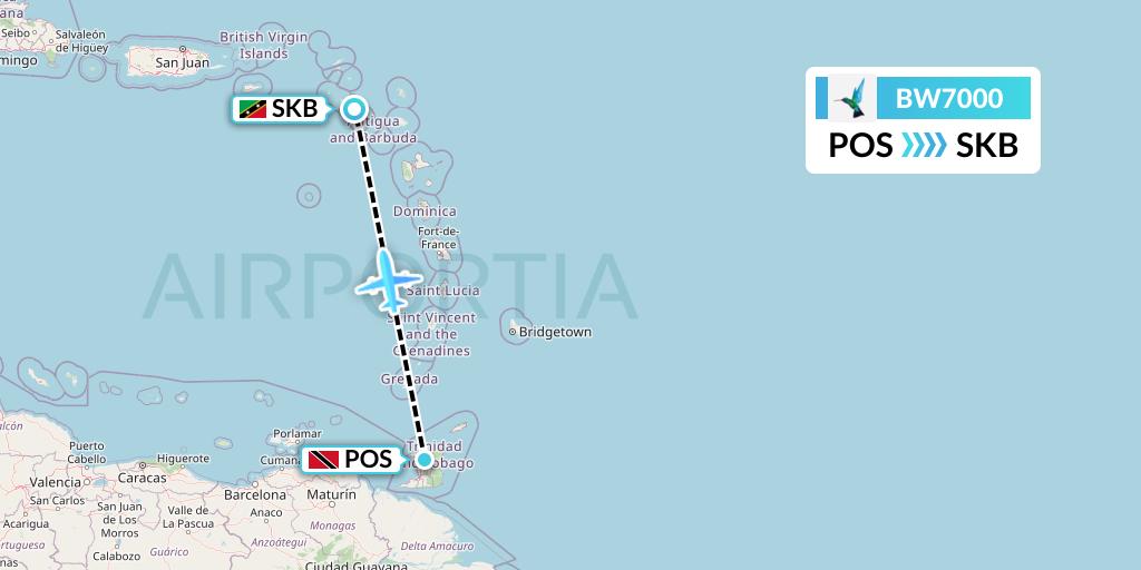 BW7000 Caribbean Airlines Flight Map: Port of Spain to Basseterre