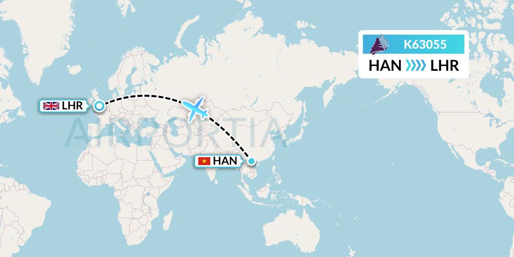 K63055 Cambodia Angkor Air Flight Map: Hanoi to London