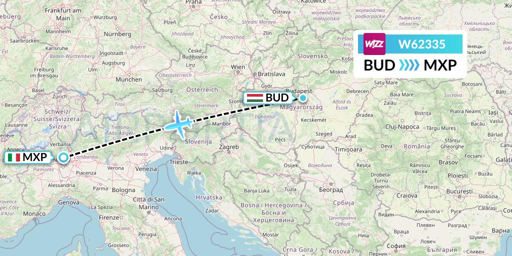 W62335 Wizz Air Flight Map: Budapest to Milan