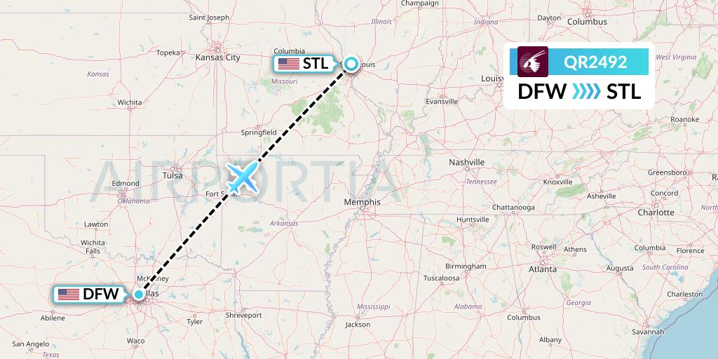 QR2492 Qatar Airways Flight Map: Dallas to St. Louis