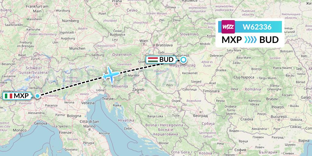 W62336 Wizz Air Flight Map: Milan to Budapest