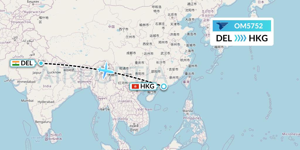 OM5752 MIAT Mongolian Airlines Flight Map: Delhi to Hong Kong