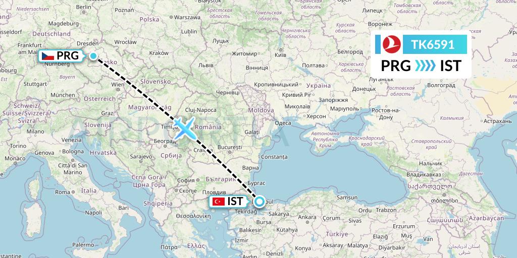 TK6591 Turkish Airlines Flight Map: Prague to Istanbul