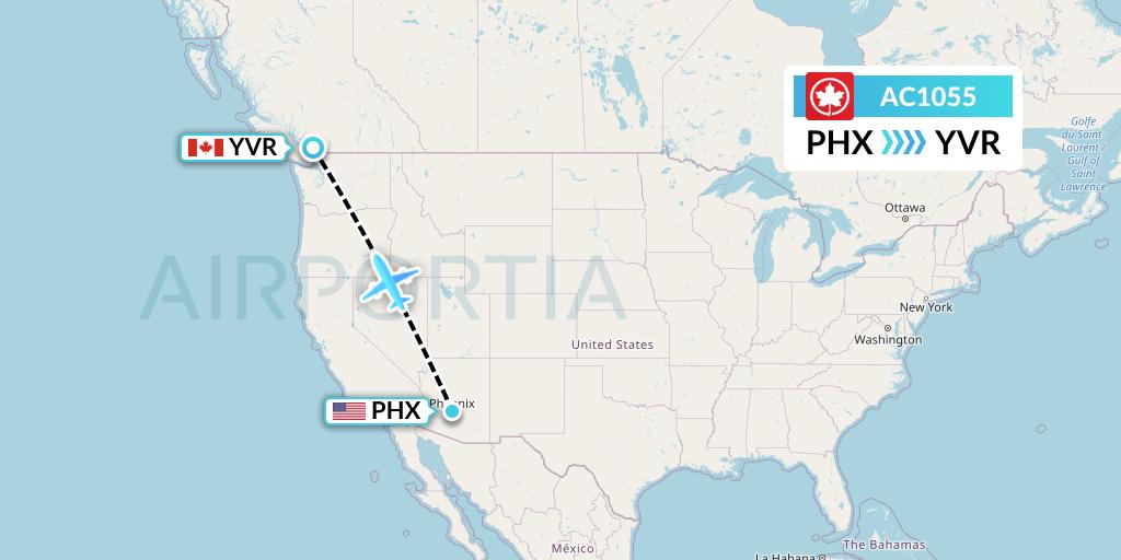 AC1055 Air Canada Flight Map: Phoenix to Vancouver