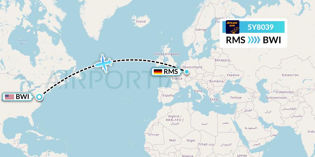 5Y8039 Atlas Air Flight Map: Ramstein to Baltimore